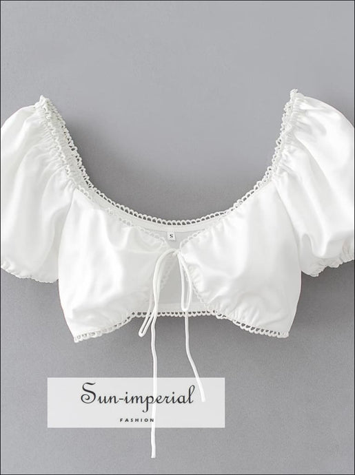 Solid White Center Tie Short Sleeve Crop top with Lace Detailing chick sexy style, white tie center crop SUN-IMPERIAL United States