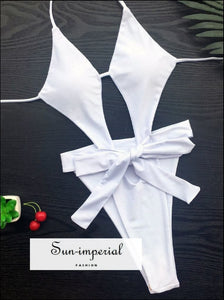Solid White One Piece Backless Monokini With Belt Tie Detail Sun-Imperial United States