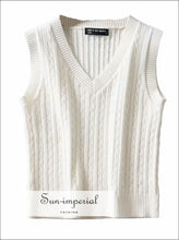 Solid White V Neck Women Sleeveless Vest Sweater Knitted Tank BASIC, Basic style, Casual, casual street style SUN-IMPERIAL United States