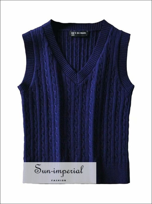Solid White V Neck Women Sleeveless Vest Sweater Knitted Tank BASIC, Basic style, Casual, casual street style SUN-IMPERIAL United States