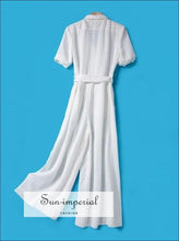 Solid White Women Short Sleeve Tie Waist Wrap Neckline Wide Leg Elegant Jumpsuit casual, elegant style, vintage white wide leg women 