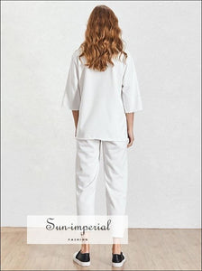 Somerville Pants Set - Women Basic 2 Piece Pant O Neck 3/4 Sleeve Loose T-shirt High Waist Wide Casual Suit, Leg Pants, Neck, Short Sleeve, 