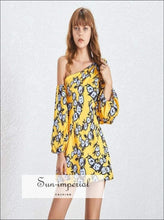 Stella Dress - South Carolina Dress - Yellow One Shoulder Floral Print Women Dress Lantern Long