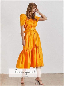 Stephanie Dress- Summer Solid Women Dress Square Collar Puff Sleeve High Waist with Midi Sleeve, Sashes Dresses, Dress, Collar, vintage 