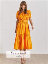 Stephanie Dress- Summer Solid Women Dress Square Collar Puff Sleeve High Waist with Midi Sleeve, Sashes Dresses, Dress, Collar, vintage 