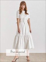 Stephanie Dress- Summer Solid Women Dress Square Collar Puff Sleeve High Waist with Midi Sleeve, Sashes Dresses, Dress, Collar, vintage 