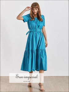 Stephanie Dress- Summer Solid Women Dress Square Collar Puff Sleeve High Waist with Midi Sleeve, Sashes Dresses, Dress, Collar, vintage 