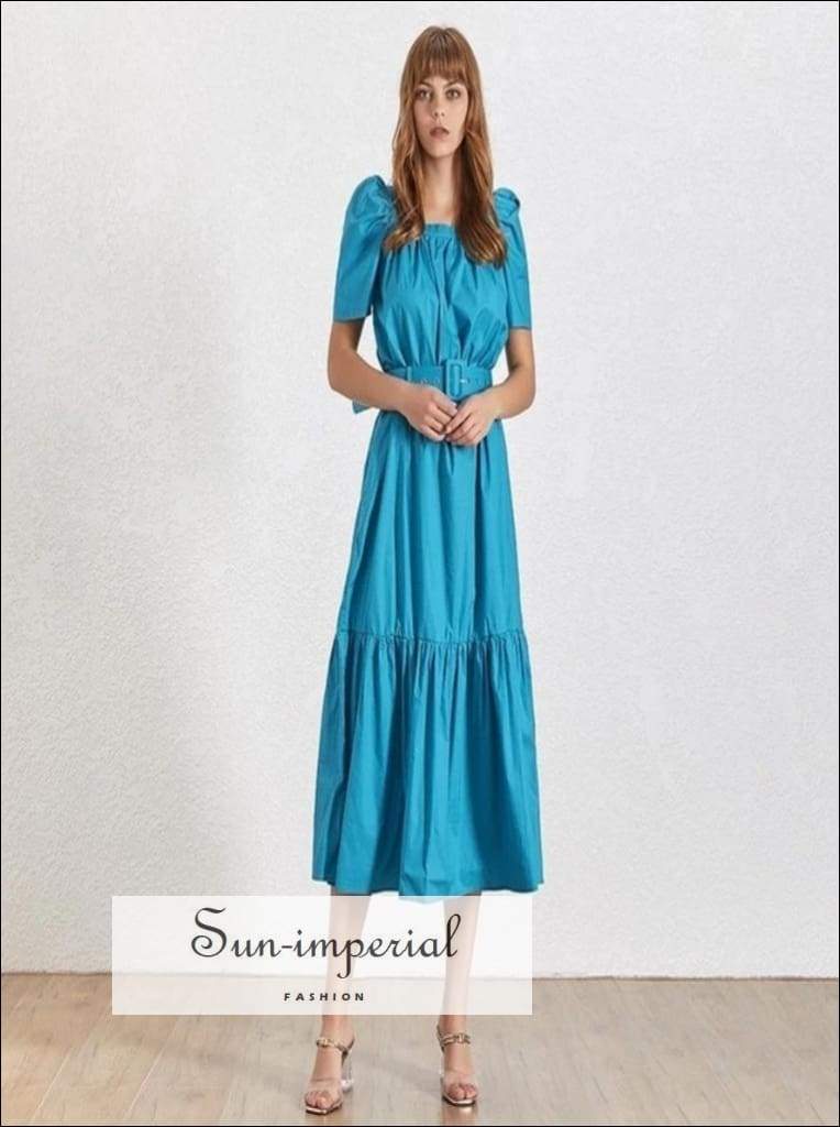 Stephanie Dress- Summer Solid Women Dress Square Collar Puff Sleeve High Waist with Midi Sleeve, Sashes Dresses, Dress, Collar, vintage 