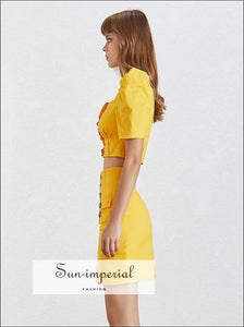 Sun-Imperial Stranger Things Skirt Set - Solid Black and Yellow Women Two Piece Mini Skirt Set Square Collar Puff