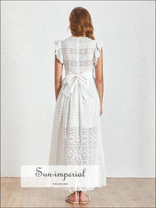 Strasbourg Dress- O Neck Vintage Ruffle Sleeveless Solid White Lace Maxi Dress Beach Dresses, Patchwork, Sleeveless, vintage, Women’s 
