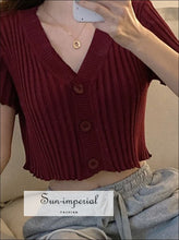 Women Knitted Short Sleeve Cropped Cardigan v Neck Top V Sun-Imperial United States