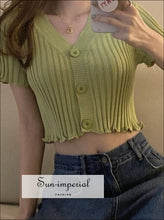 Women Knitted Short Sleeve Cropped Cardigan v Neck Top V Sun-Imperial United States