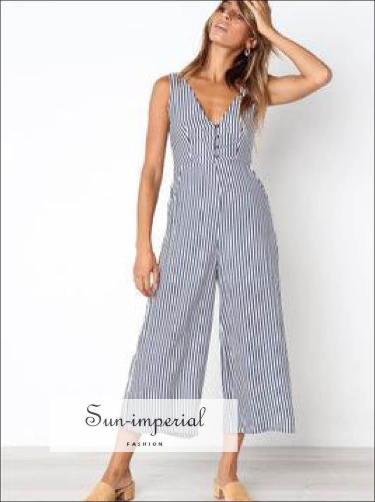 Striped Button Pocket Deep V Neck Wide Leg Jumpsuits for Wome SUN-IMPERIAL United States