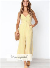 Striped Button Pocket Deep V Neck Wide Leg Jumpsuits for Wome SUN-IMPERIAL United States