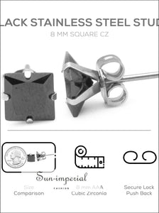 Stud Earring Set Of 2 Black Square Cubic Zirconia Stainless Steel Cz Studs cubic zirconia studs, 12$, All Earrings, black, classic designed