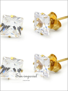Stud Earring Set Of 2 Square Cubic Zirconia 14k Gold Plated Stainless Steel Studs cubic zirconia studs, 12$, All Earrings, black, classic