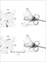 Stud Earrings Set Of 2 Pairs Square Cubic Zirconia Stainless Steel Silver Cz Studs All Earrings, classic designed, cubic zirconia studs, cz