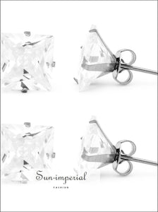 Stud Earrings Set Of 2 Pairs Square Cubic Zirconia Stainless Steel Silver Cz Studs All Earrings, classic designed, cubic zirconia studs, cz