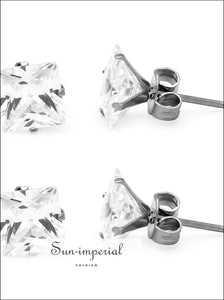 Stud Earrings Set Of 2 Pairs Square Cubic Zirconia Stainless Steel Silver Cz Studs All Earrings, classic designed, cubic zirconia studs, cz