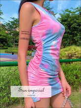 Summer Tie Dye Pink and Blue Bodycon Pleated Dress Sleeveless Slim Mini Dress