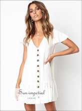 Summer V-neck Button Cotton Linen Dress Women White Loose Short Sleeve Mini Dress