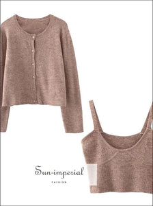 Sun-Imperial Sun-imperial 1 Set Spring Korea Style Vintage Soft Brown Knitted Cardigan Tank top O Neck