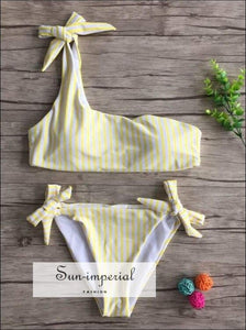 Sun-imperial 2 Piece Yellow Striped One Shoulder Tie High Waist Bikini piece, piece set, bikini, bikini hot SUN-IMPERIAL United States