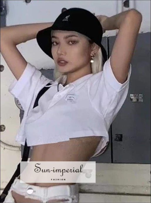 Sun-imperial 90’s Vintage Open Button Lapel Short Sleeve Tee Base Tshirts Croptop Tshirt Crop SUN-IMPERIAL United States