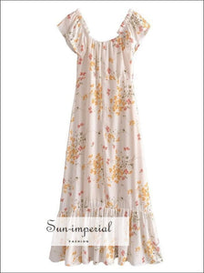Sun-imperial Beige Vintage Ruffled Decor off the Shoulder Chiffon Floral Print Midi Dress SUN-IMPERIAL United States