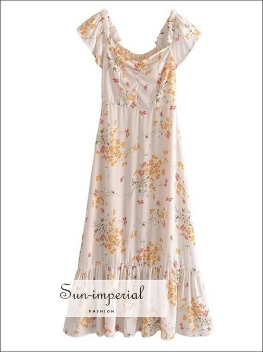Sun-imperial Beige Vintage Ruffled Decor off the Shoulder Chiffon Floral Print Midi Dress SUN-IMPERIAL United States