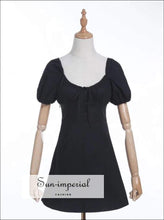 Sun-imperial Black Buttoned Lace up V Neck Puff Short Sleeve Mini
