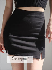 Sun-imperial Black High Waist Mini Bodycon Skirt with Double side Split Basic style, chick sexy street style SUN-IMPERIAL United States