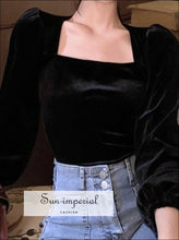 Black Velvet Square-Neck Puff-Sleeve Blouse - Sun Imperial product photo 1