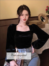 Black Velvet Square-Neck Puff-Sleeve Blouse - Sun Imperial product photo 2
