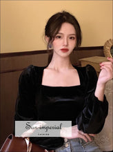 Black Velvet Square-Neck Puff-Sleeve Blouse - Sun Imperial product photo 3