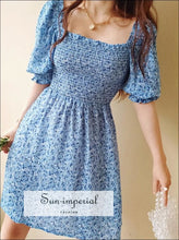 Blue Floral Puff-Sleeve Shirred Mini Dress - Sun Imperial product photo 2