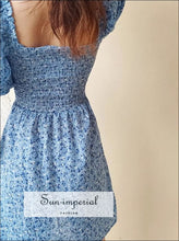 Blue Floral Puff-Sleeve Shirred Mini Dress - Sun Imperial product photo 4