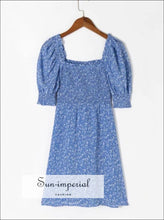 Blue Floral Puff-Sleeve Shirred Mini Dress - Sun Imperial product photo 7