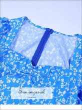 Sun-imperial Blue Flower Puff Short Sleeve Split Midi Dress