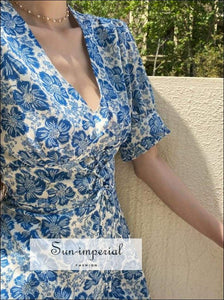 Sun-imperial Blue Foral Print Women Dresses V Neck Slim Waist Lace up Puff Sleeve Mini Dress Summer