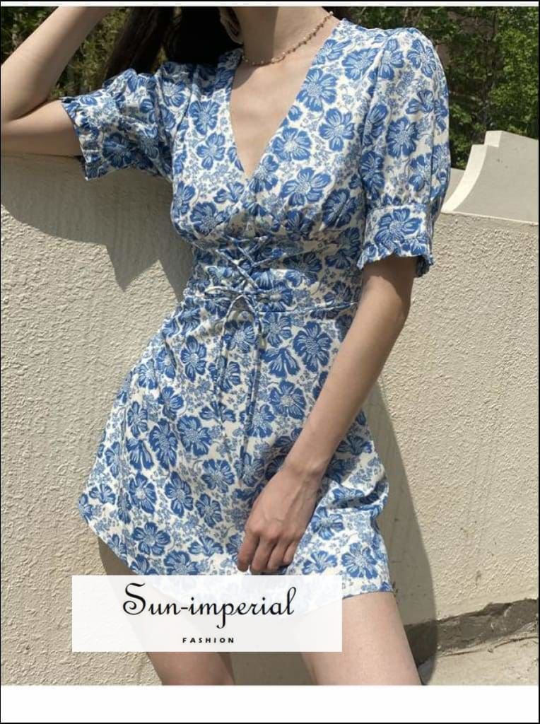 Sun-imperial Blue Foral Print Women Dresses V Neck Slim Waist Lace up Puff Sleeve Mini Dress Summer
