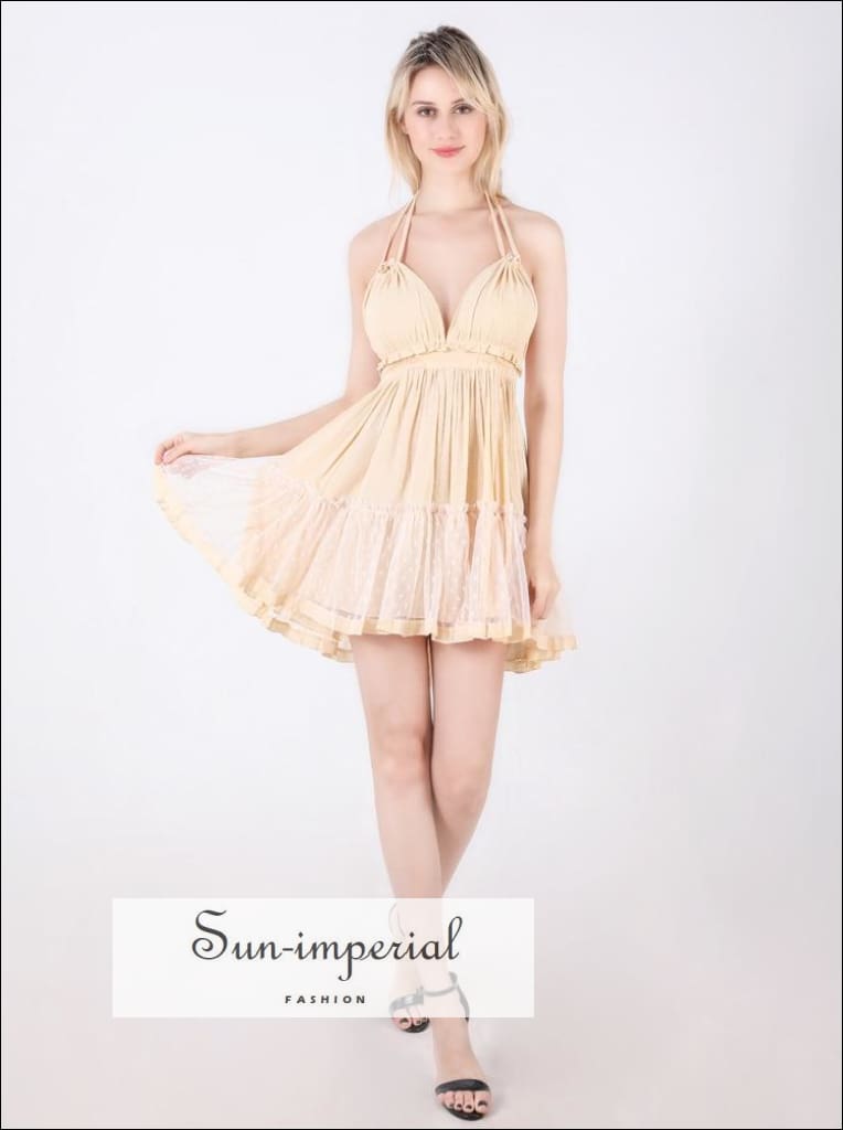 Sun-imperial - Sun-imperial boho vintage polka dot mini dress women summer halter v neck backless Pink / XXL Sun-imperial - Sun-imperial boho vintage polka dot mini dress women summer halter v neck backless Pink / XXL