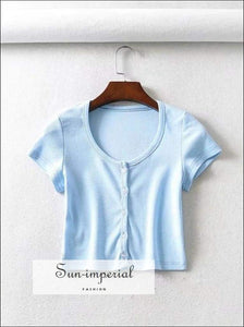 Sun-imperial Button Down Crop T-shirt Fitted Ribbed Short Sleeve top High Street Fashion SUN-IMPERIAL United States