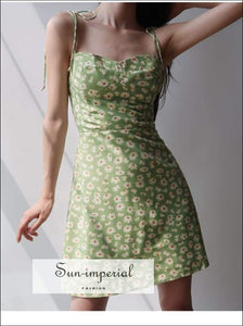 Sun-imperial Cami Strap Woman Dresses Foral Print back Elastic Slim Green Summer Dress Girls