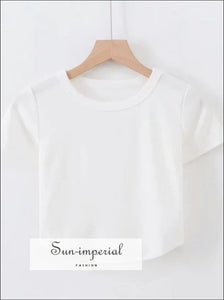 Sun-imperial Casual Fitted Tee with Curved Hem Cotton Short Sleeve Crop top High Street Fashion