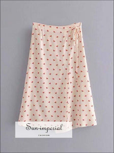 Sun-imperial Cherry Print Women Knee Length Skirt Summer High Waist Asymmetrical Falda Casual SUN-IMPERIAL United States