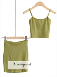 Sun-imperial Co-ord Slim Rib Camis top with Split front Ribbed Mini Skirt High Street Fashion
