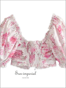 Sun-imperial Cross Lace up Floral Print Crop top Women Wood Ears Ruffle Tank Tops Summer Sweet Girls
