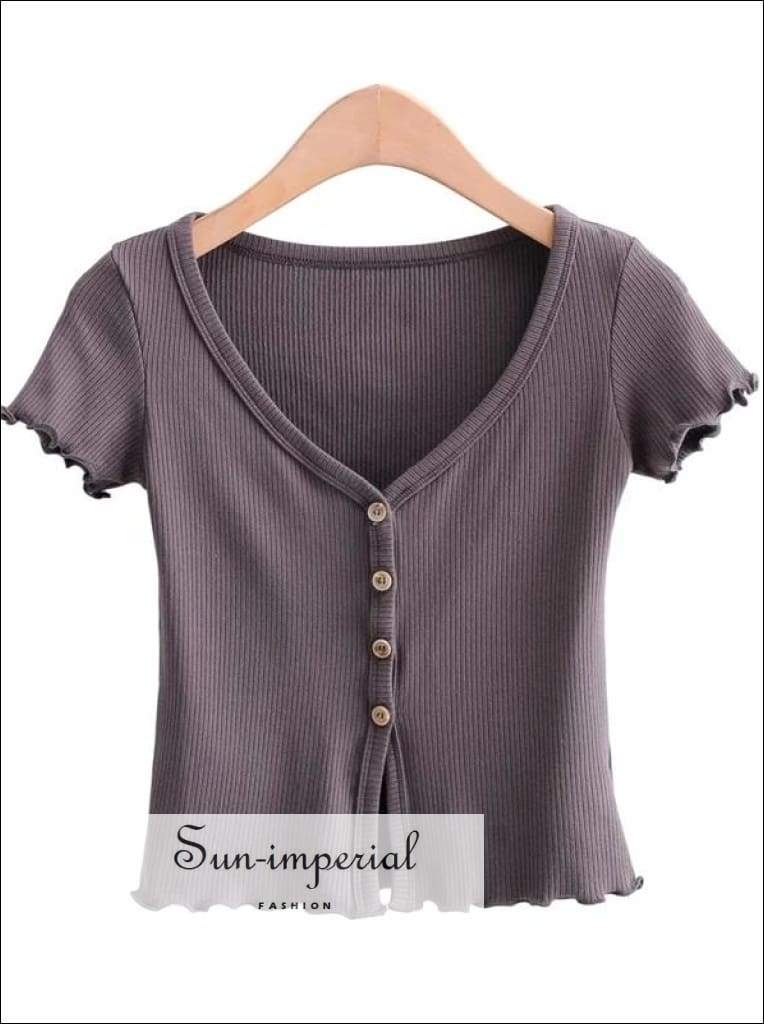 Sun-imperial Deep V Neck Button through Rib T-shirt with Lettuce Trimming Sexy Crop top High Street