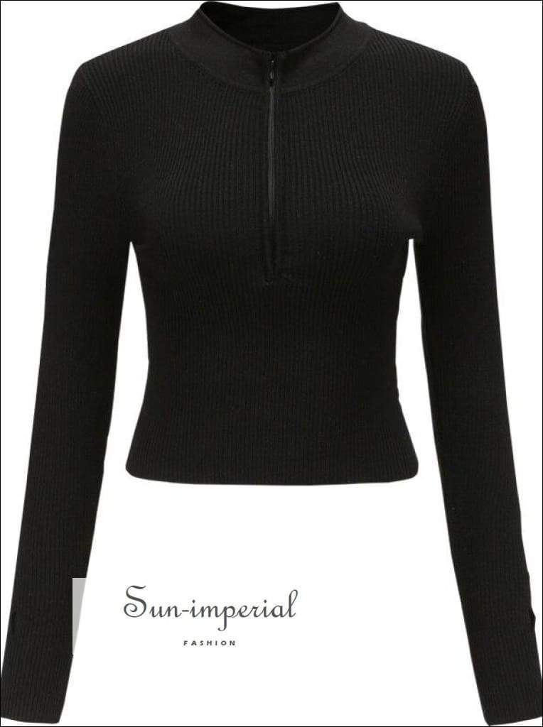 Sun-imperial Deep V Neck Center Zipper Women Long Sleeve Sweater Slim Cut Knit Basic style, fall outfit, knit, knitted, long sleeve 